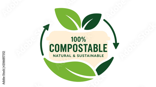 Compostable Logo Emblem Circular Green Leaf Design.