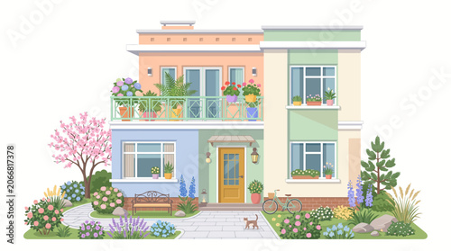 Colorful house with garden and plants.