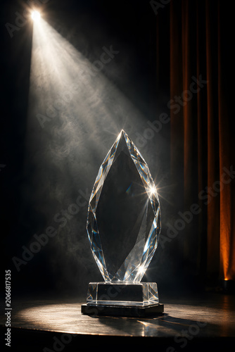 Crystal glass award glowing on dark stage with spotlight