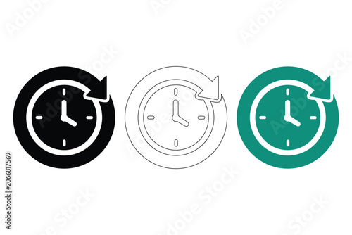 Fotografie Three different styles of clock icons with an arrow indicating a circular time l