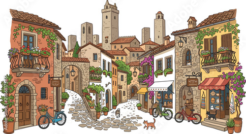Foto Charming Italian Village Street Vector Illustration Featuring Historic Medieval