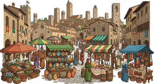 Foto Historic Medieval Market Square Illustration Set Featuring Ancient Italian Stone