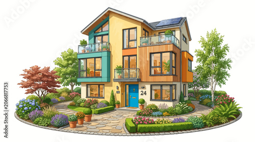Modern Multi Story Residential House Exterior.