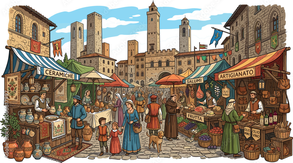 Fototapeta premium Medieval Marketplace Illustration Set Featuring Historic Town Square, Stone Towers, Old Village Houses, Market Stalls, and People in Traditional Middle Ages Clothes