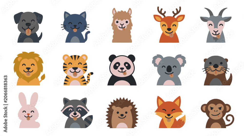 Fototapeta premium Adorable Cartoon Animal Avatars Sticking Out Tongues Vector Set Graphic Icons Collection for Kids Design