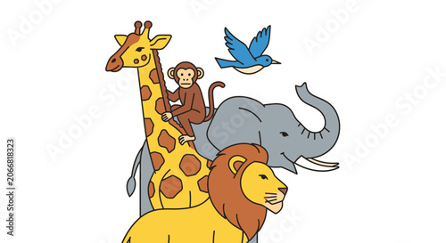 Cartoon animals group with giraffe.