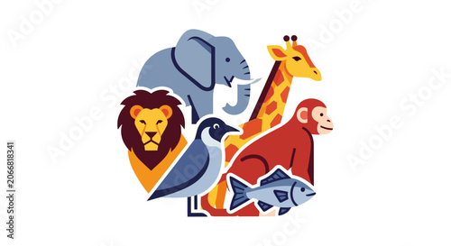 Colorful cartoon animals group together.
