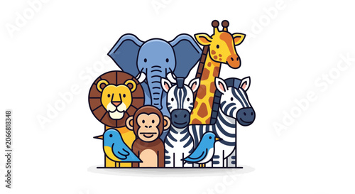 Colorful Cartoon Safari Animal Group Illustration.