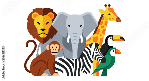 Colorful illustration of jungle animals.