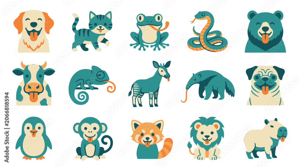 Obraz premium Vector Illustration of Minimalist Animal Icons and Avatars Set with Teal and Orange Color Palette Theme