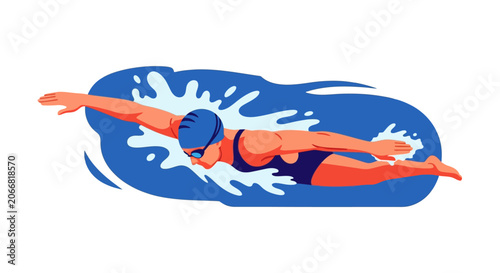 Woman in blue swim cap swimming.