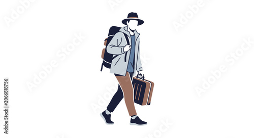 Man walking with luggage and backpack.