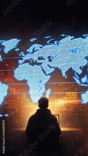 Person sitting facing digital world map screen, global data monitoring scene, analytics concept, technology visualization, international network.