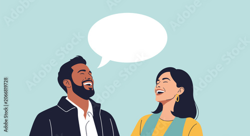 Diverse man and woman happily laughing together, with an empty speech bubble signifying joyful communication.