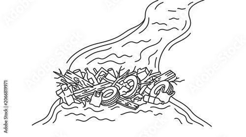 River pollution: trash and debris blocking natural water flow, environmental issue