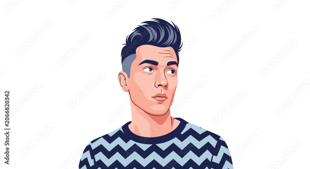 Naklejka premium Vibrant portrait of a stylish young man with a cool, modern hairstyle and a chevron pattern sweater.