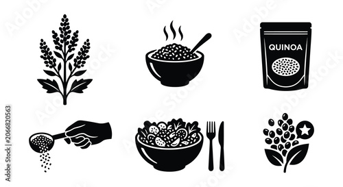 Fotografija Quinoa Plant Bowl And Harvest Vector Illustrations On White Background