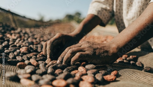 Hands sorting cacao beans on a drying mat under natural sunlight, highlighting traditional agricultural practices in cocoa farming.