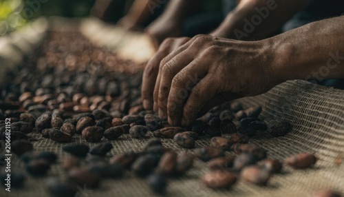 Hands sorting dried cocoa beans on a mesh surface, highlighting traditional cocoa processing and artisanal craftsmanship in a close-up view.