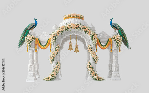 Elegant Temple Arch with Hanging Golden Bells and Marigold Garlands