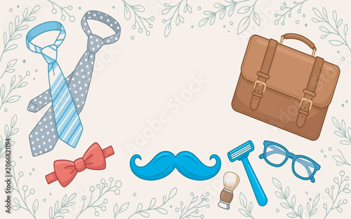 Masculine Fathers Day Banner Template with Shaving Kit and Foliage Border