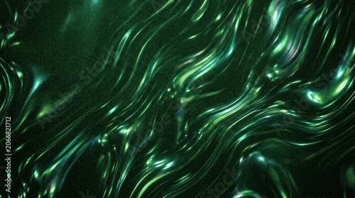 A dark, abstract image displays flowing, iridescent green waves on a dark surface. The texture appears liquid and reflective, creating a sense of movement and depth.