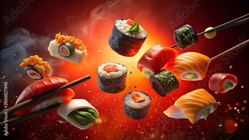 New Poster sushi nigiri in chopsticks isolated on black background.Chopsticks holding sushi flying in the air isolated on a transparent background