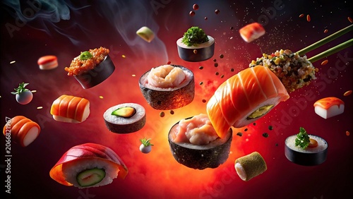 New Poster sushi nigiri in chopsticks isolated on black background.Chopsticks holding sushi flying in the air isolated on a transparent background