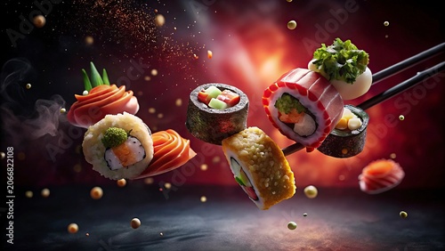 New Poster sushi nigiri in chopsticks isolated on black background.Chopsticks holding sushi flying in the air isolated on a transparent background
