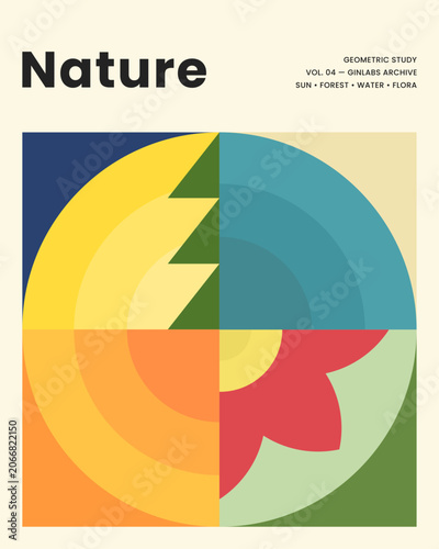 Bold geometric shapes echo natural elements. Sun, forest, water, and flora merge in vivid color. Abstract design celebrates nature's essence. Perfect for eco-themed branding or modern art projects