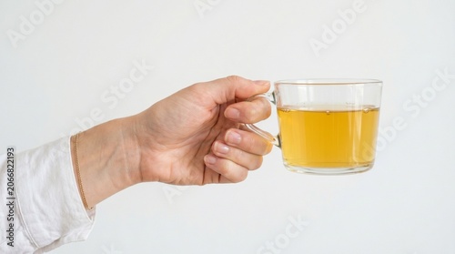 Hand holding a glass mug of tea