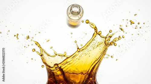 Amber liquid splash with bottle above studio lighting