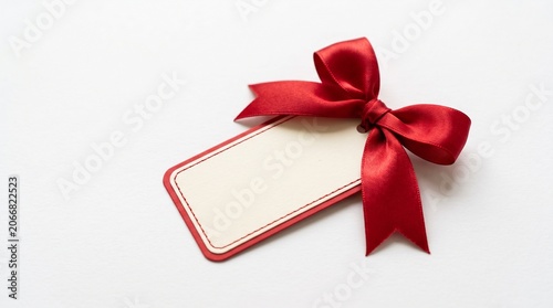 Red ribbon tied to blank gift tag on white surface