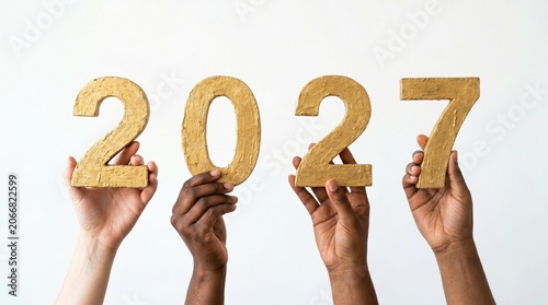 Diverse hands holding up gold painted numbers for the year 2027