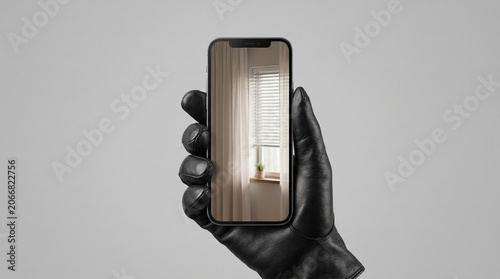 Black leather glove holding smartphone with interior window view