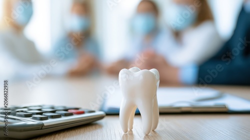 A close-up of a tooth model on a desk with a calculator and blurred medical professionals wearing masks in the background.