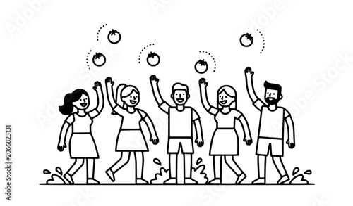 Black and white people celebrating traditional tomato festival in Spain flat vector illustration isolated on white