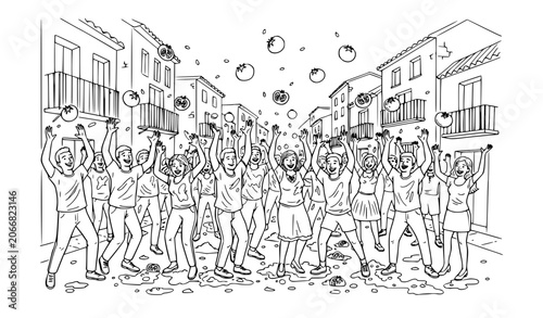 Black and white traditional Spanish La Tomatina festival vector with tomato throwing celebration isolated on white