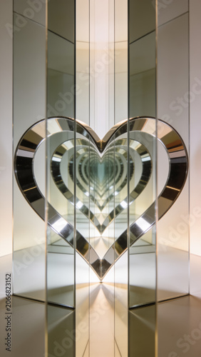 Modern minimalist composition featuring abstract mirror surfaces forming infinite reflections that converge into a glowing heart shape.