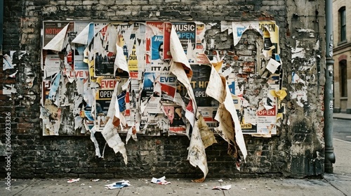 A weathered brick wall is covered with numerous torn and peeling posters. The posters display various musical events and advertisements, creating a chaotic and layered visual texture.