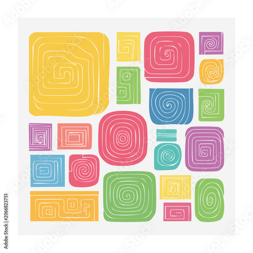 Abstract colorful geometric shapes with swirls on white background