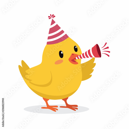 Cute cartoon chick celebrating with a party horn and hat