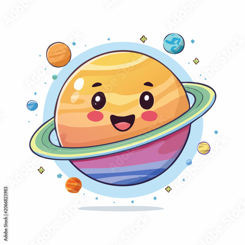 Cute Cartoon Planet with Rings and Smaller Planets
