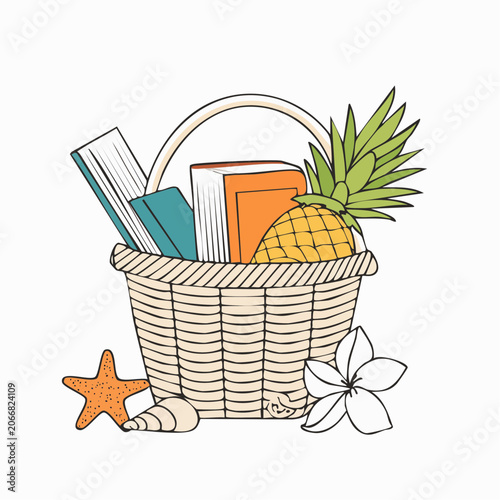 Summer Picnic Basket with Books, Pineapple, and Beach Items