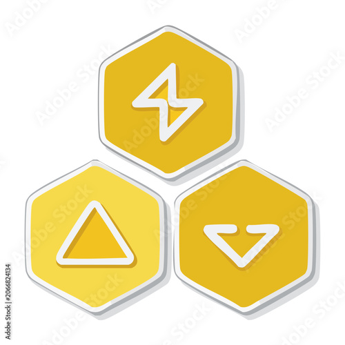 Yellow Hexagonal Icons with Lightning, Triangle, and Arrow Symbols