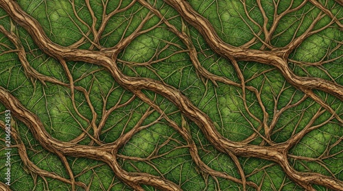 A detailed digital illustration depicts a dense network of tree roots and foliage against a dark green background.