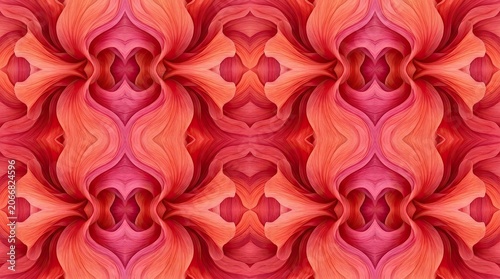 A symmetrical, abstract pattern dominates the image, featuring swirling, layered forms in shades of pink and red.
