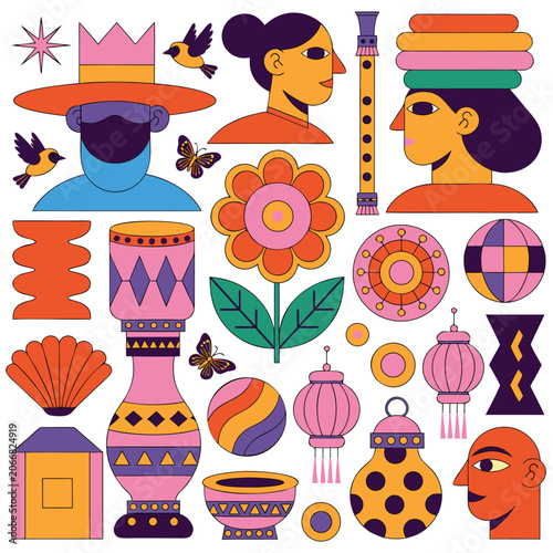 International Cultural Celebration with Traditional Patterns and Festival Decorations Vector Design