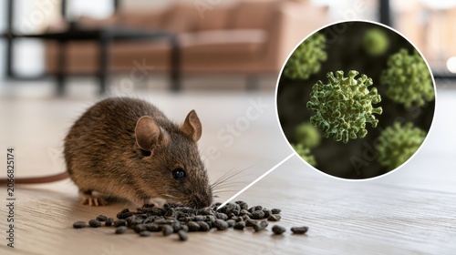 A brown mouse is eating droppings on a wooden floor, with an inset showing a magnified virus or bacteria, suggesting disease transmission risk.