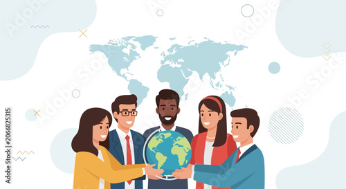 Diverse group of people holding the Earth, representing global unity, teamwork, and international cooperation against a world map background.